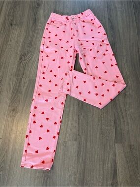 SHEIN Pink Jeans with Red Heart Print